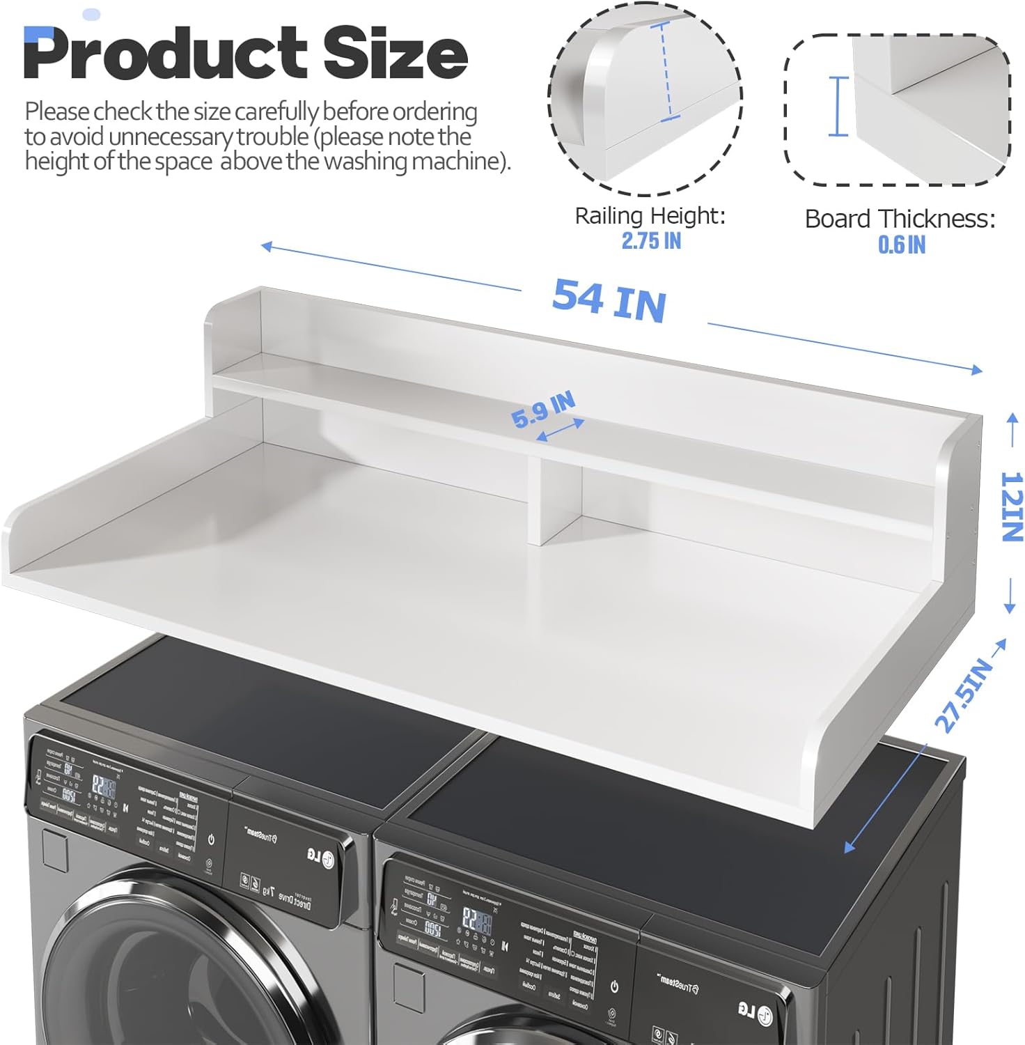 2-Tier Washer and Dryer Countertop with 2.75 H Guard,54 W x 27.5 D Laundry Countertop Cover with Non-Slip Pad,Large Space Laundry Topper for Folding Clothes Over Washer and Dryer-White