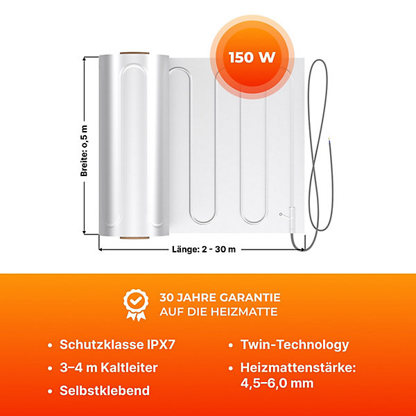 Chauffage au sol électrique WARMON ALU 150 W/m²   Thermostat OKE-25 WiFi Tactile, cadre en verre Garda noir - 15 m²