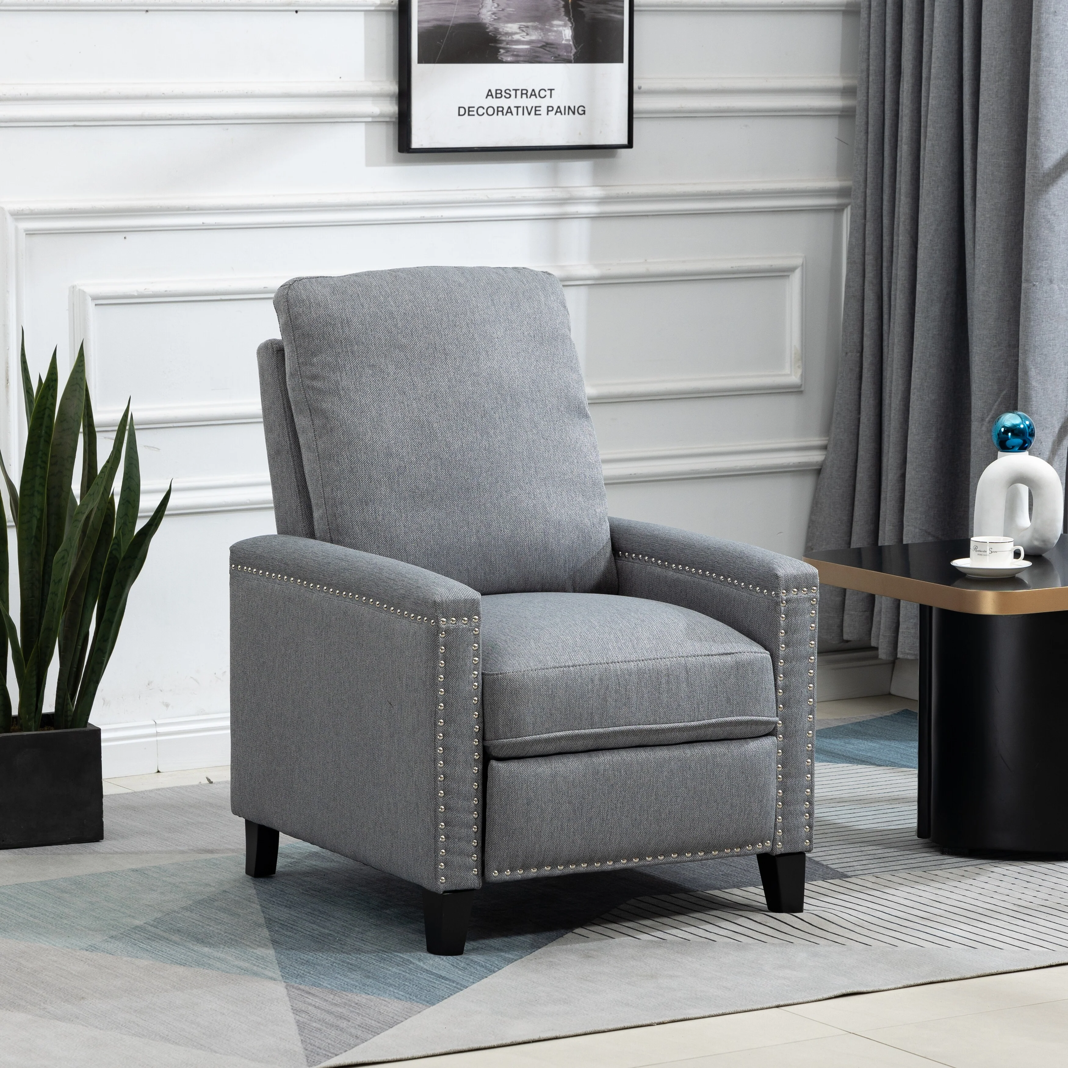 Modern Velvet Manual Recliner with Cushions and Nailhead Decoration