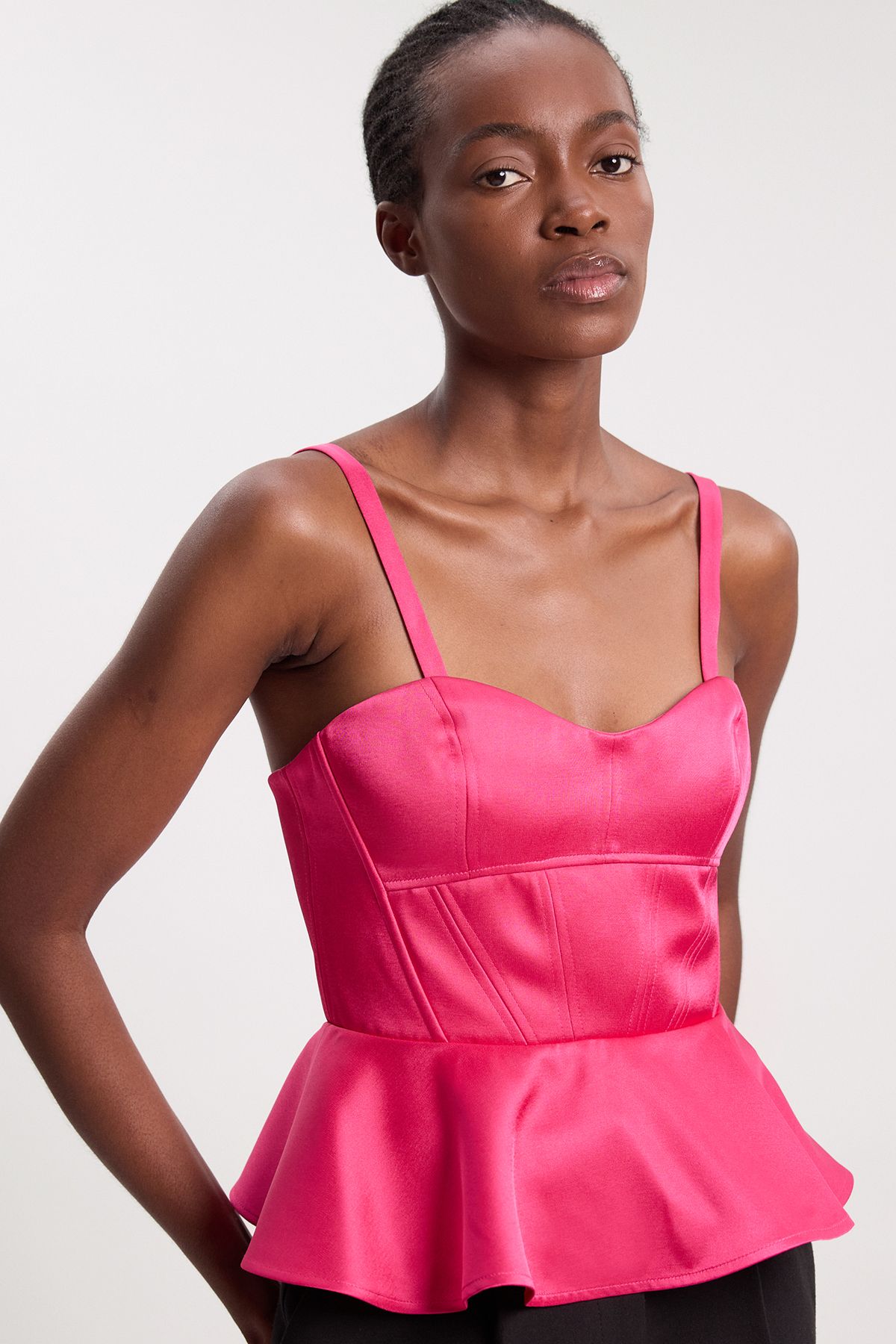 KarenMillen Bonded Satin Peplum Detail Woven Top