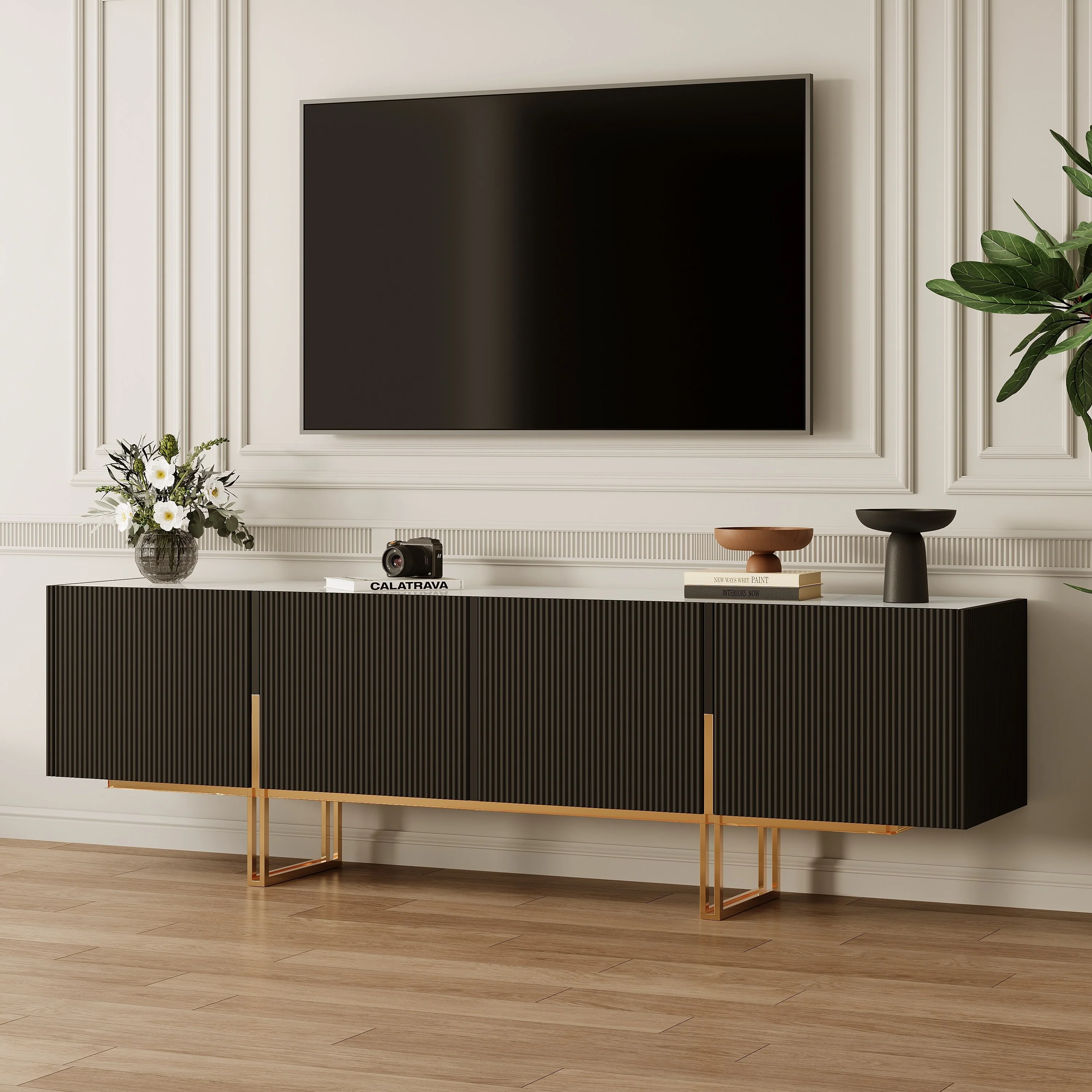 78.7'' TV Stand, Entertainment Center with Faux Marble Top