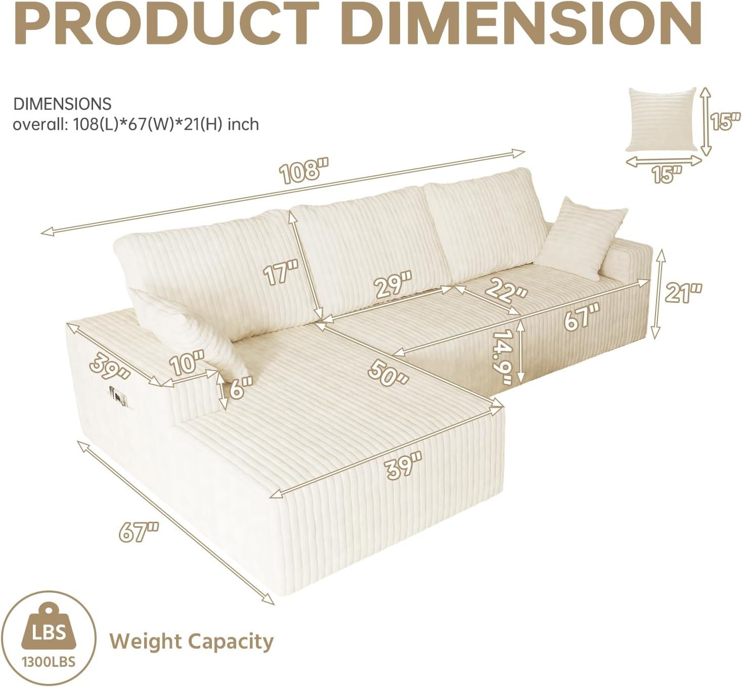 Beige Boneless Cloud Couches for Living Room L Shapes 4 Seater Sectional Sofa with Chaise Lounge, Comfy Flannel Fabric Memory Foam Couch Including Throw Pillow and Backrest - Removable Washable, 108