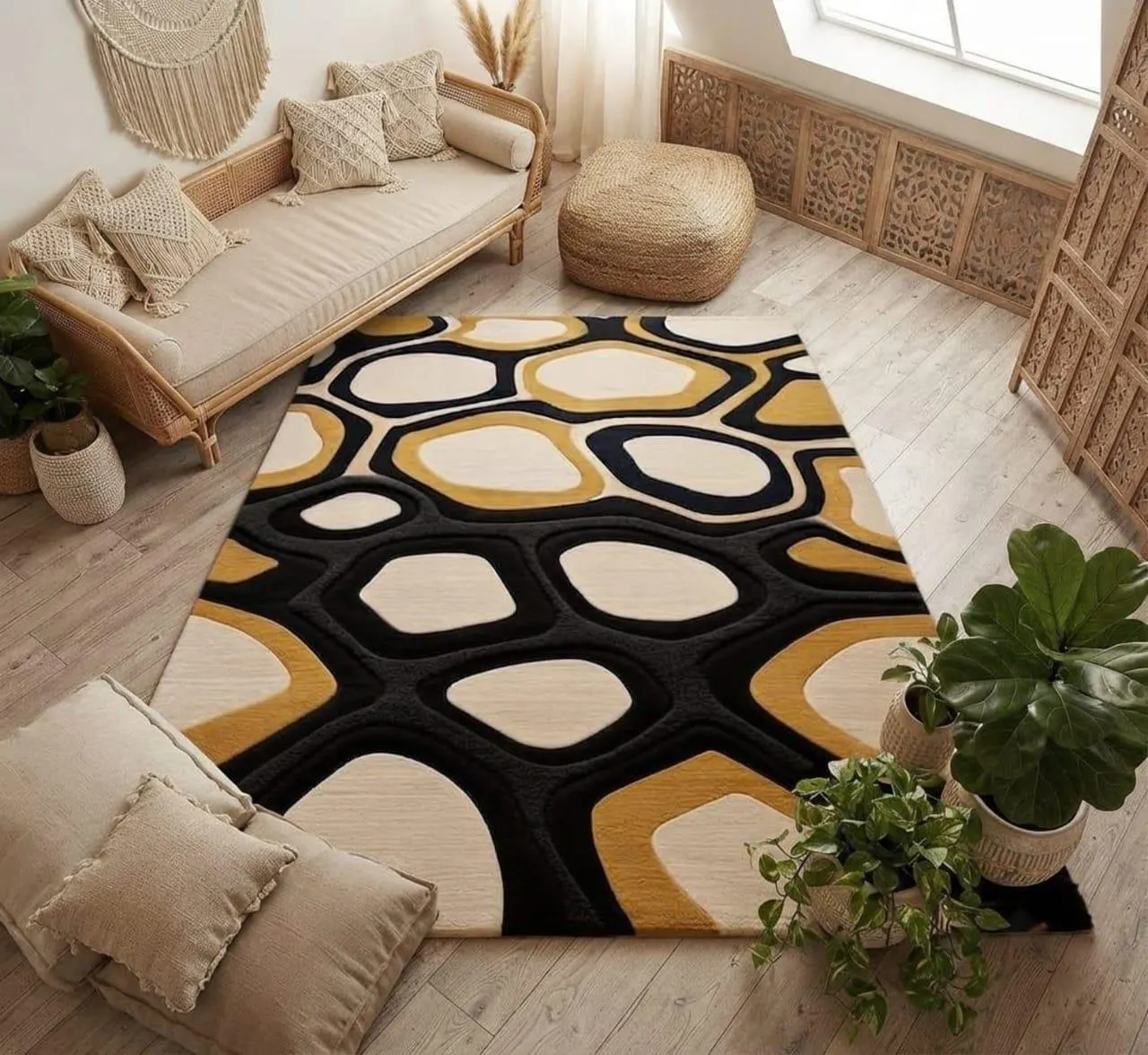 Hand Tufted Wool Geometric Abstract Rug, Mustard Yellow Black Ivory Living Room Home Decor