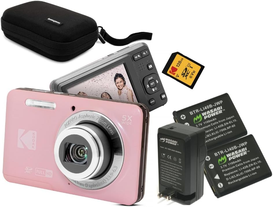 Kodak PixPro Friendly Zoom FZ55 16MP 1080p Full HD Digital Camera (Pastel Pink) Bundle with 128GB SD Card  Battery (2-Pack) and Travel Organizer (4 Items)