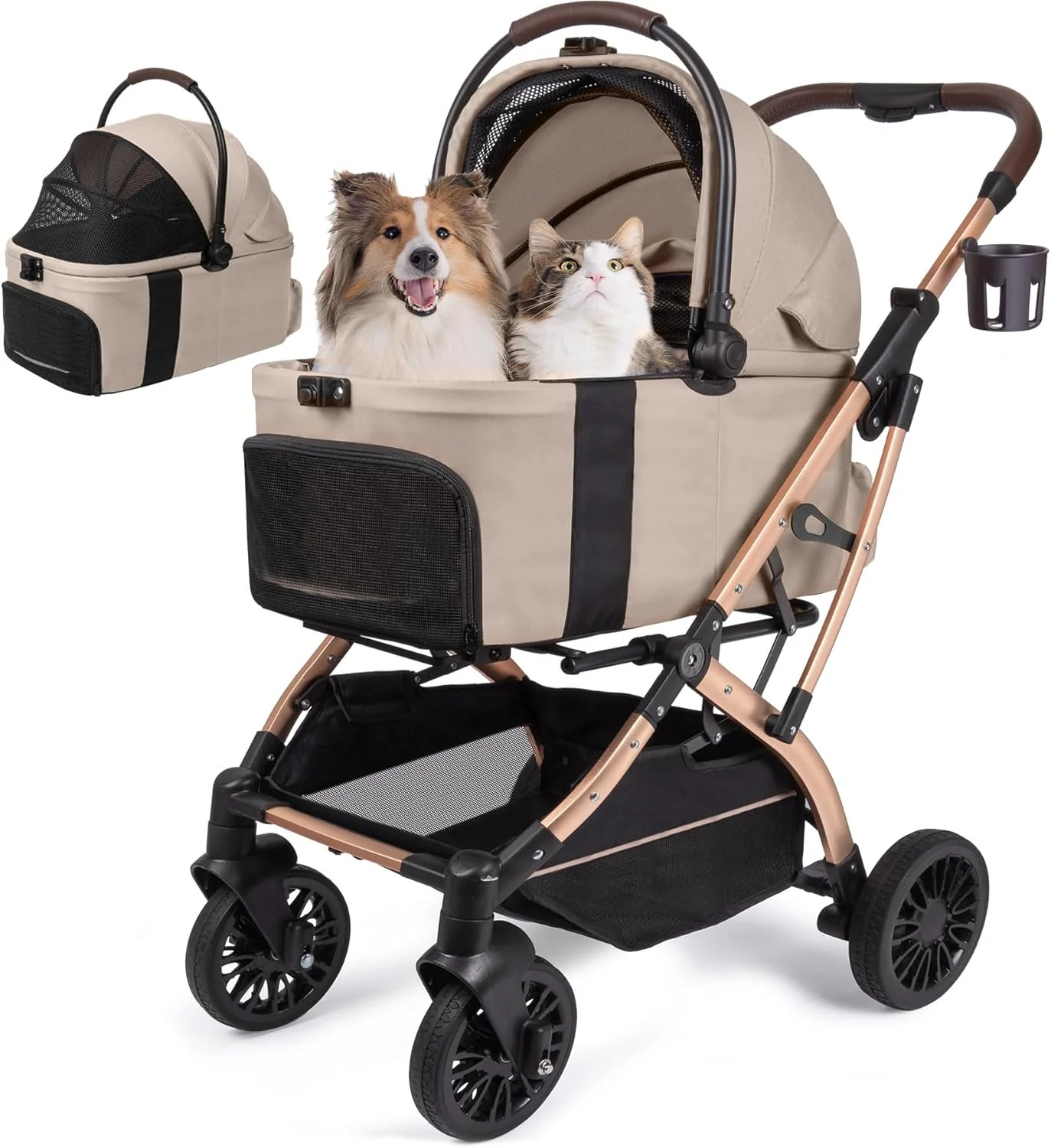 5-in-1 Foldable Dog Cart for Small/Medium Pets up to 55lbs, Detachable Waterproof Seat & Child Seat