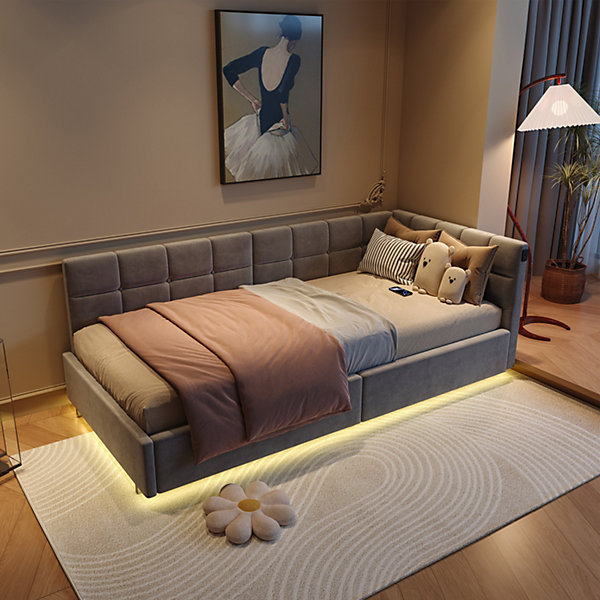 Lit flottant 90x200 cm gris en tissu, lit hydraulique, port USB   Type-C, bande LED sous lit avec télécommande