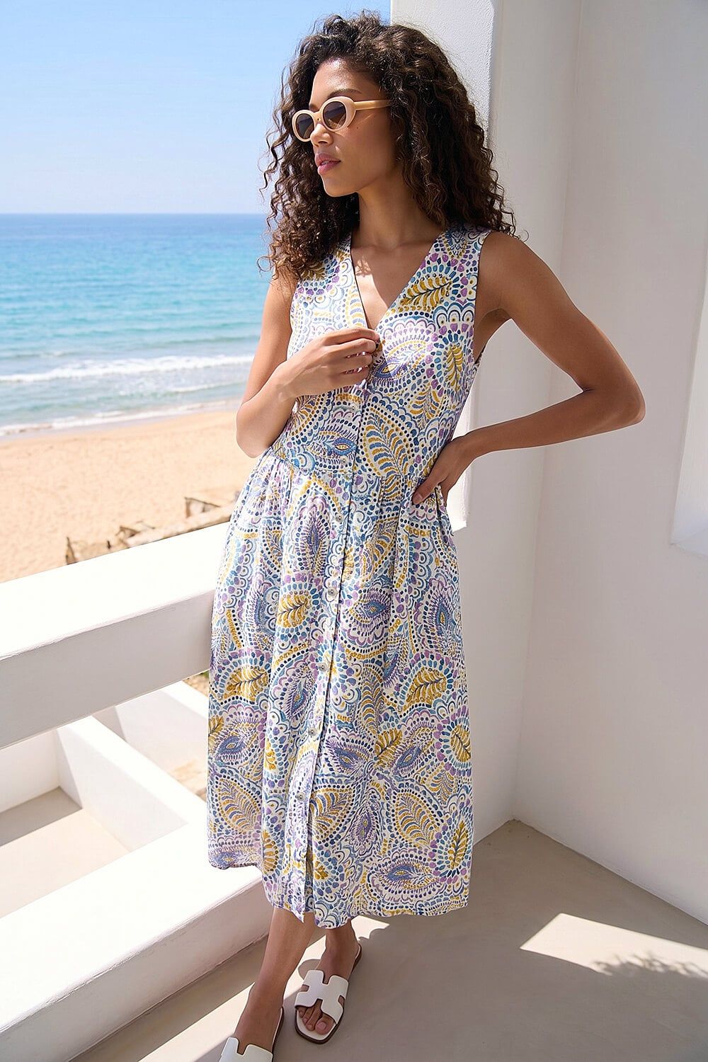 Roman Petite Abstract Print Button Dress