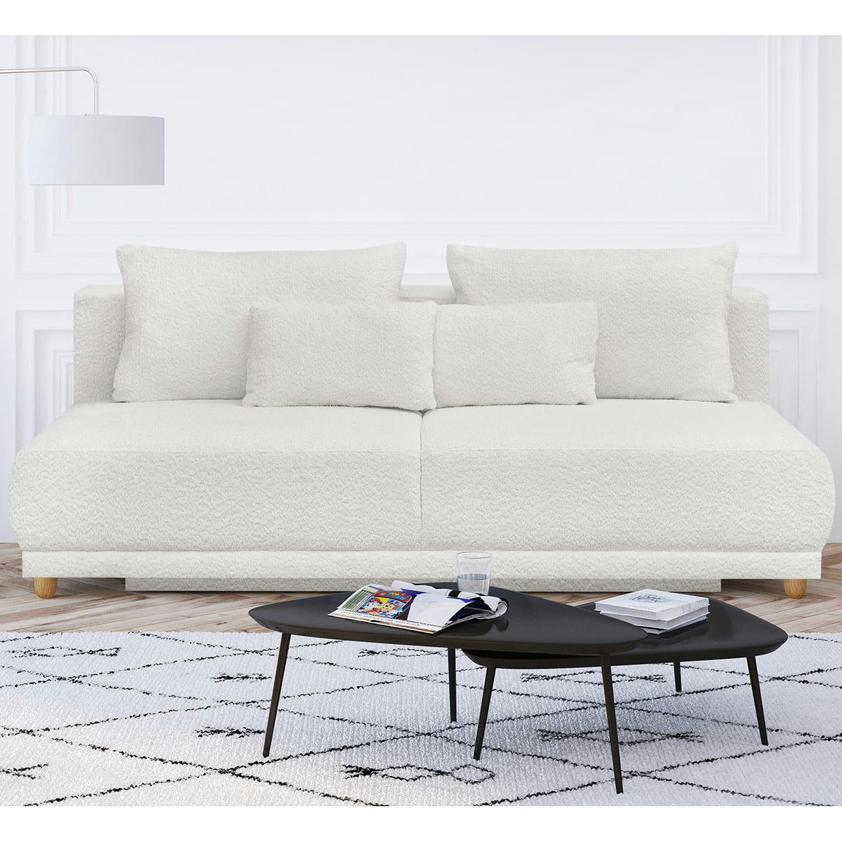 ELIA - Canapé convertible 3 places avec coffre en tissu bouclette écru