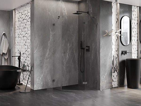 Mexen Lunar cabine de douche pentagonale pivotante droite 80 x 80 cm, transparent, métal noir - 831-080P-080L-95-00-P