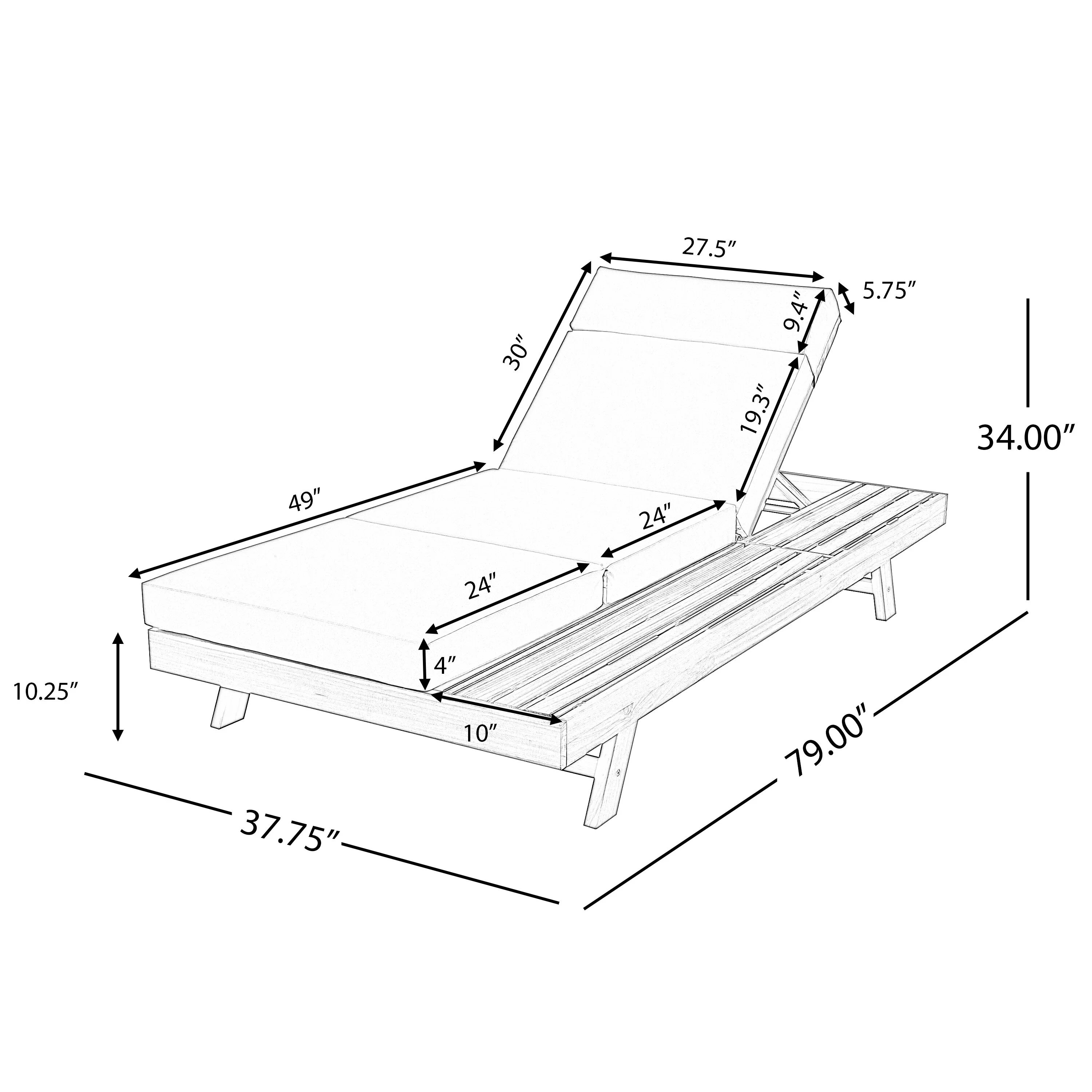 Wood Outdoor Adjustable Chaise Lounge Set with 3-Fold Water-Resistant Cushion for Poolside Patio