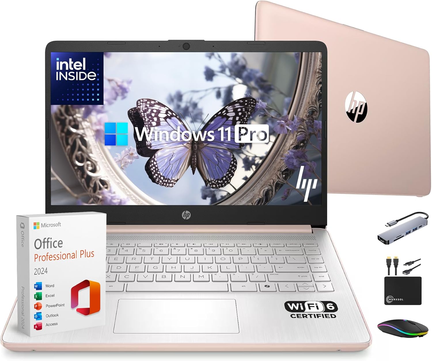 HP 14 Laptop Thin and Light for 2026 Student Business with Office Suite  Copilot AI  Intel CPU Up to 2.8GHz  16GB RAM  628GB Storage (128GB SSD+500GB Ext)  WiFi 6  Win 11 Pro  MarxsolAddon  Rosegold