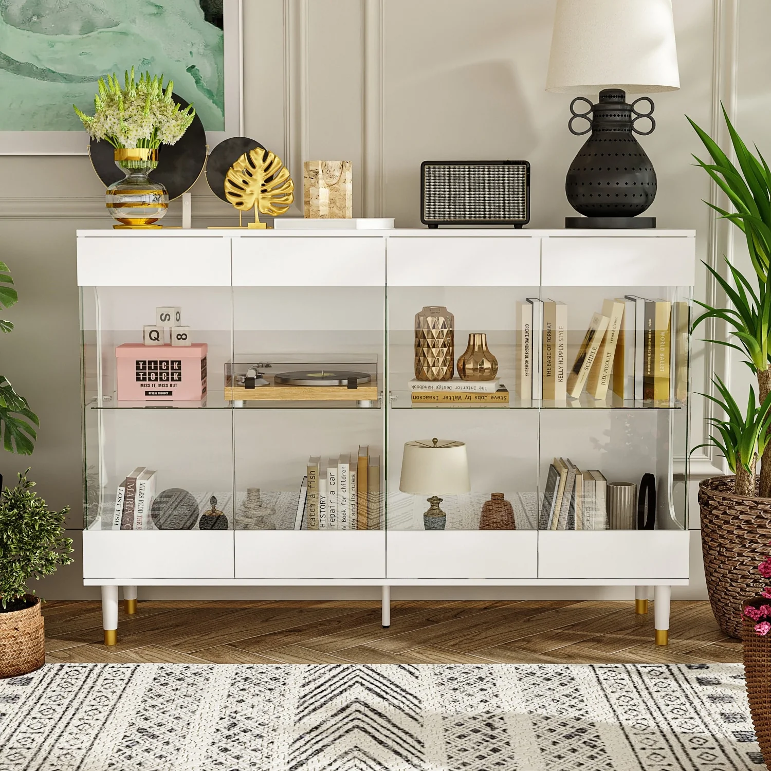 55.1W Sideboard Buffet Glass Door Display Case With LED Light Cabinet