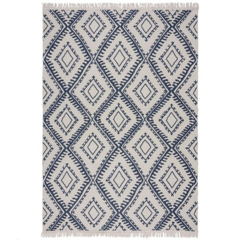 ALIX - Tapis en coton recyclé blanc et marine motifs losange 80 x 150