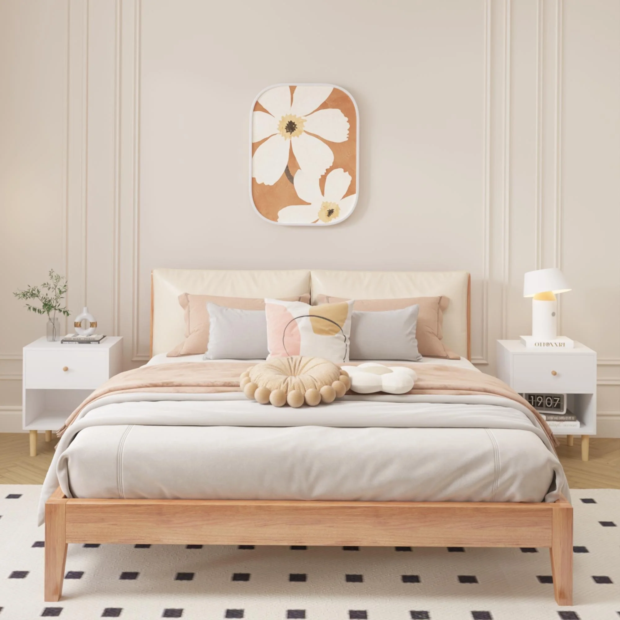 Wooden Nightstand with Drawer and Open Shelf 2-Tier Storage End Table with Round Wood Knob and Pinelegs for Bedroom, Home Office