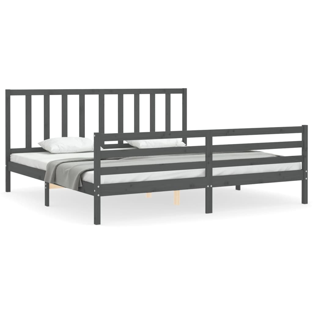 Rama łóżka z wezgłowiem szara 200x200 cm lite drewno