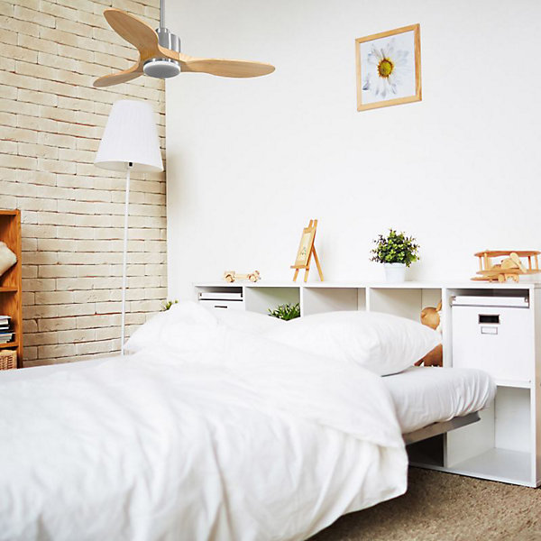 Modulo Slim- Super destratificateur et ventilateur DC 106 cm chrome avec lumière pales bois clair idéal 10 à 20 m²