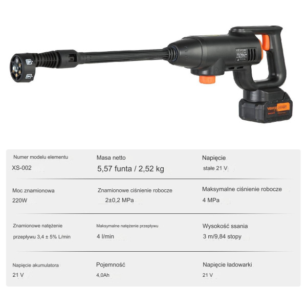 Myjka ciśnieniowa mocna bezprzewodowa akumulatorowa 21V 220W 40BAR