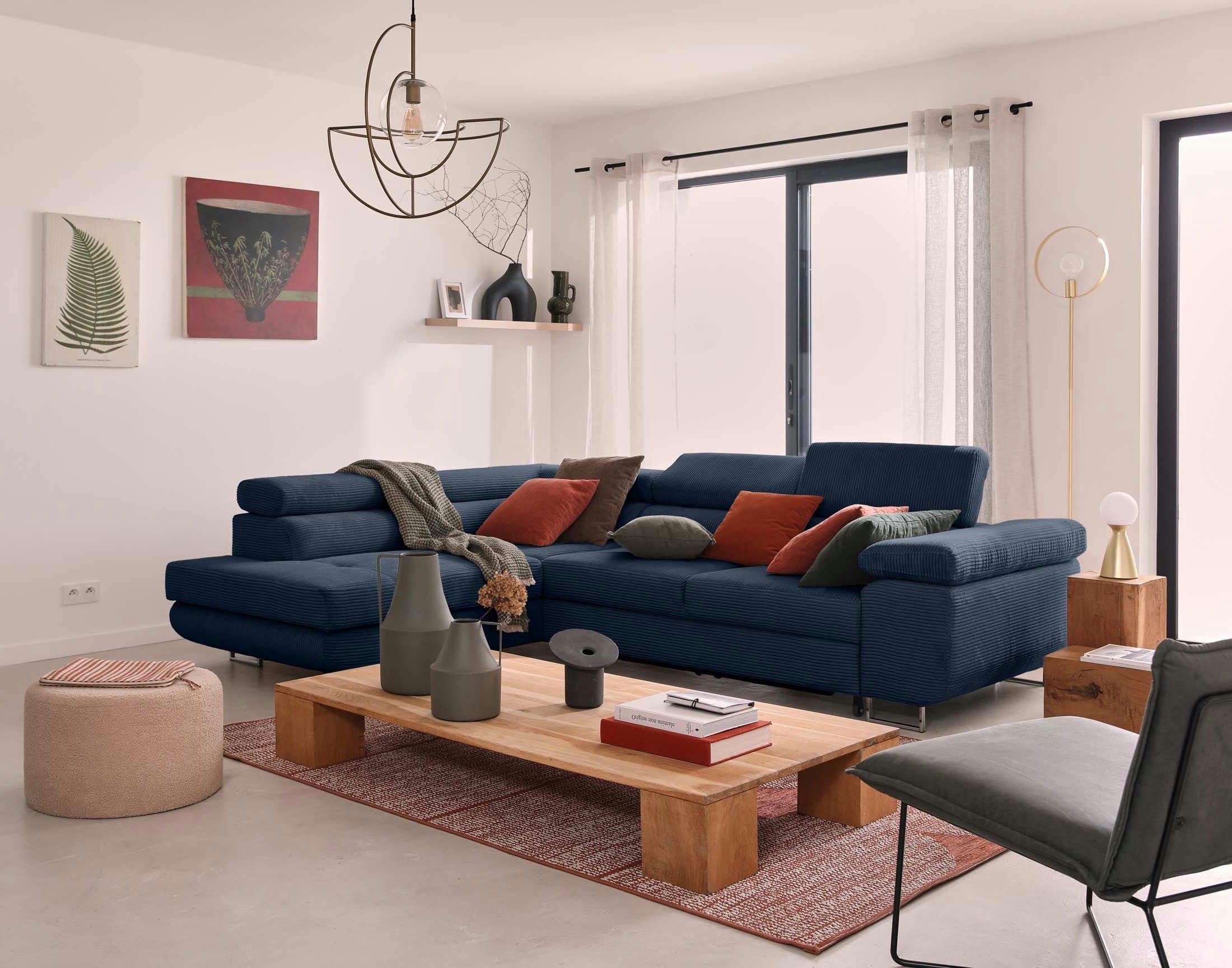 ZARIA - Canapé d'angle gauche convertible 5 places en velours côtelé bleu