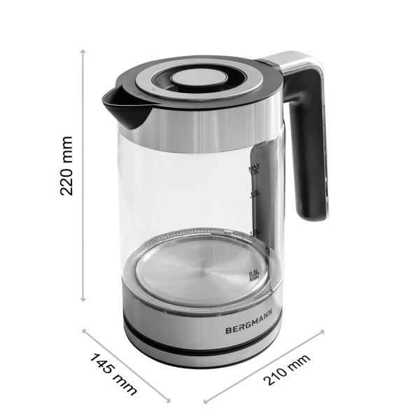 Czajnik Elektryczny Szklany BERGMANN 1,8L 2200W Srebrny