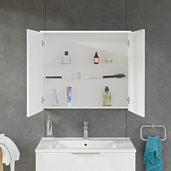 Armoire de toilette suspendue Blanc mat 80x18x70cm (LxPxH) 2 portes miroir, éclairage LED, tablettes en verre - SOLO