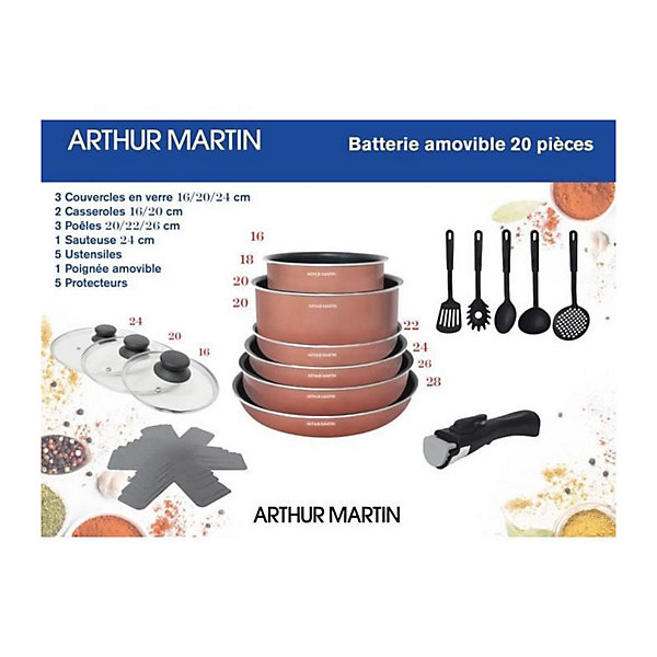 Batterie de cuisine 20 pieces Arthur Martin - aluminium - poignée amovible - tous feux dont induction