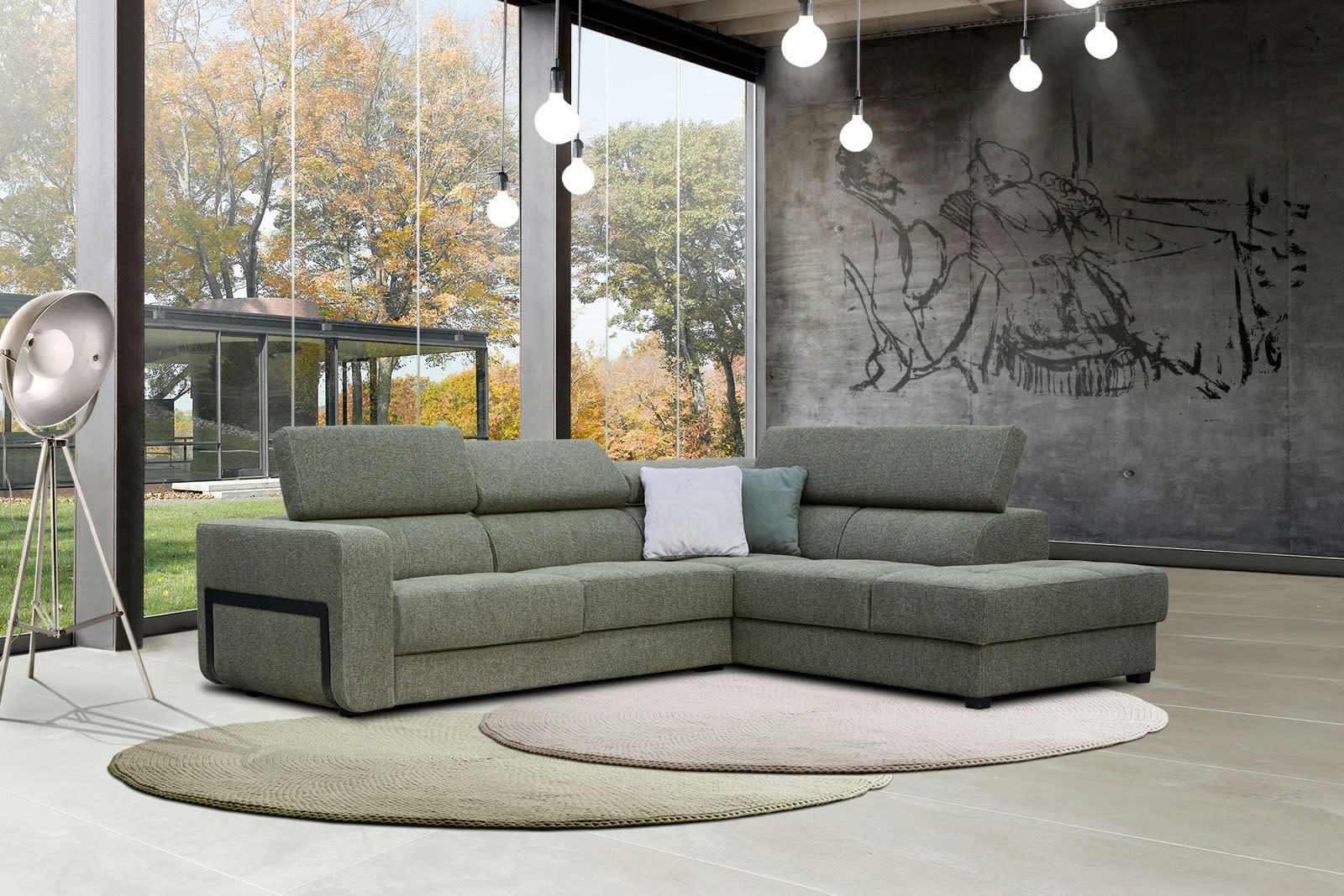 BERGO - Canapé d'angle droit 5 places en tissu vert avec coussins déco