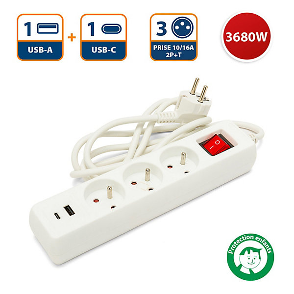 Multiprise française avec 3 sorties 2P T et 2 prises USB. Câble de 1,5 m