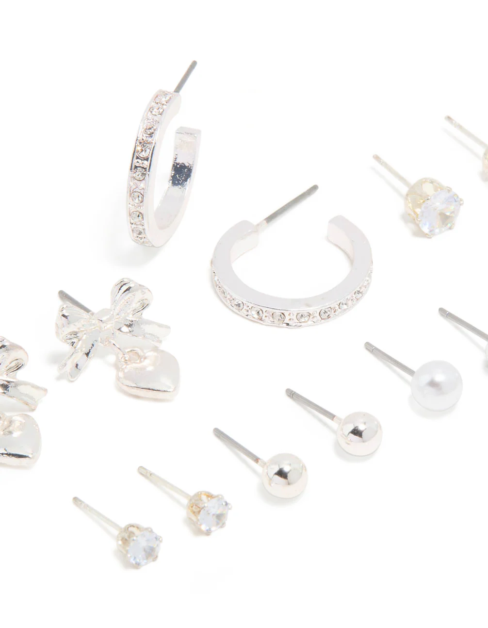 Silver Diamante & Bow Heart Earrings 7-Pack