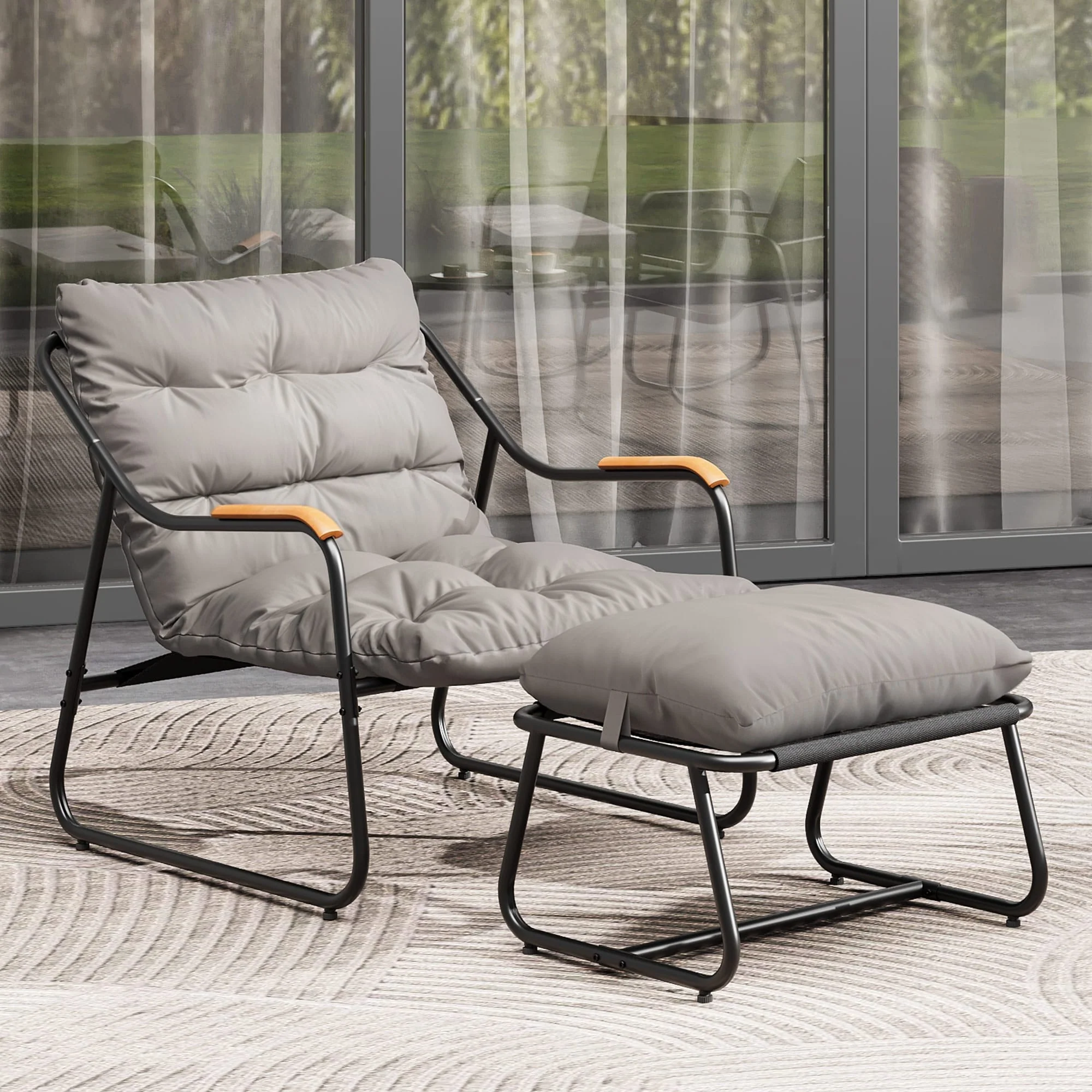 Moasis Outdoor Patio Lounge Chair Cushioned Accent Chair with Ottoman and Foam Headrest