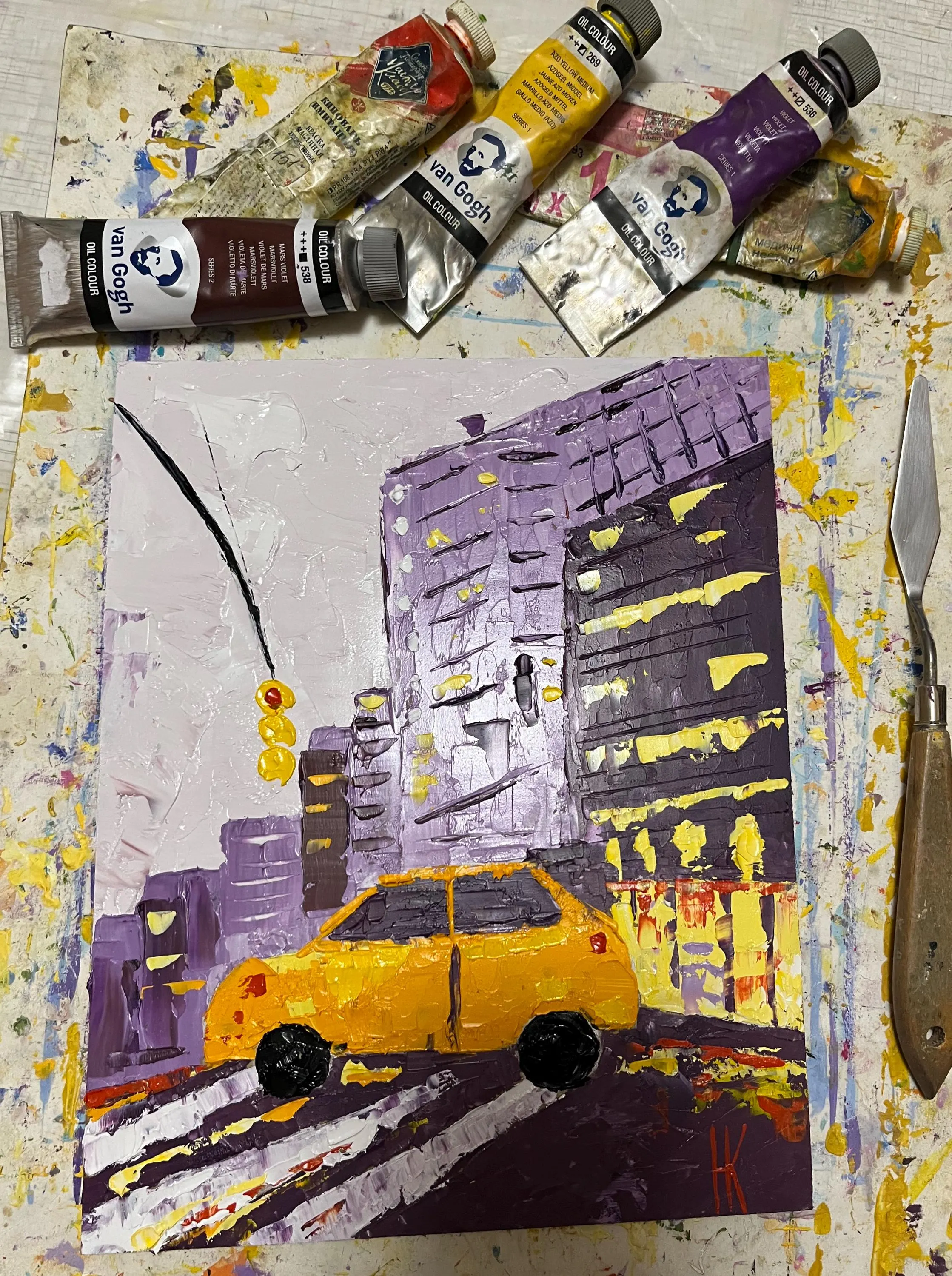 NYC Original Oil Impasto Painting Yellow Taxi Car Cityscape Landscape Art 8 x 10