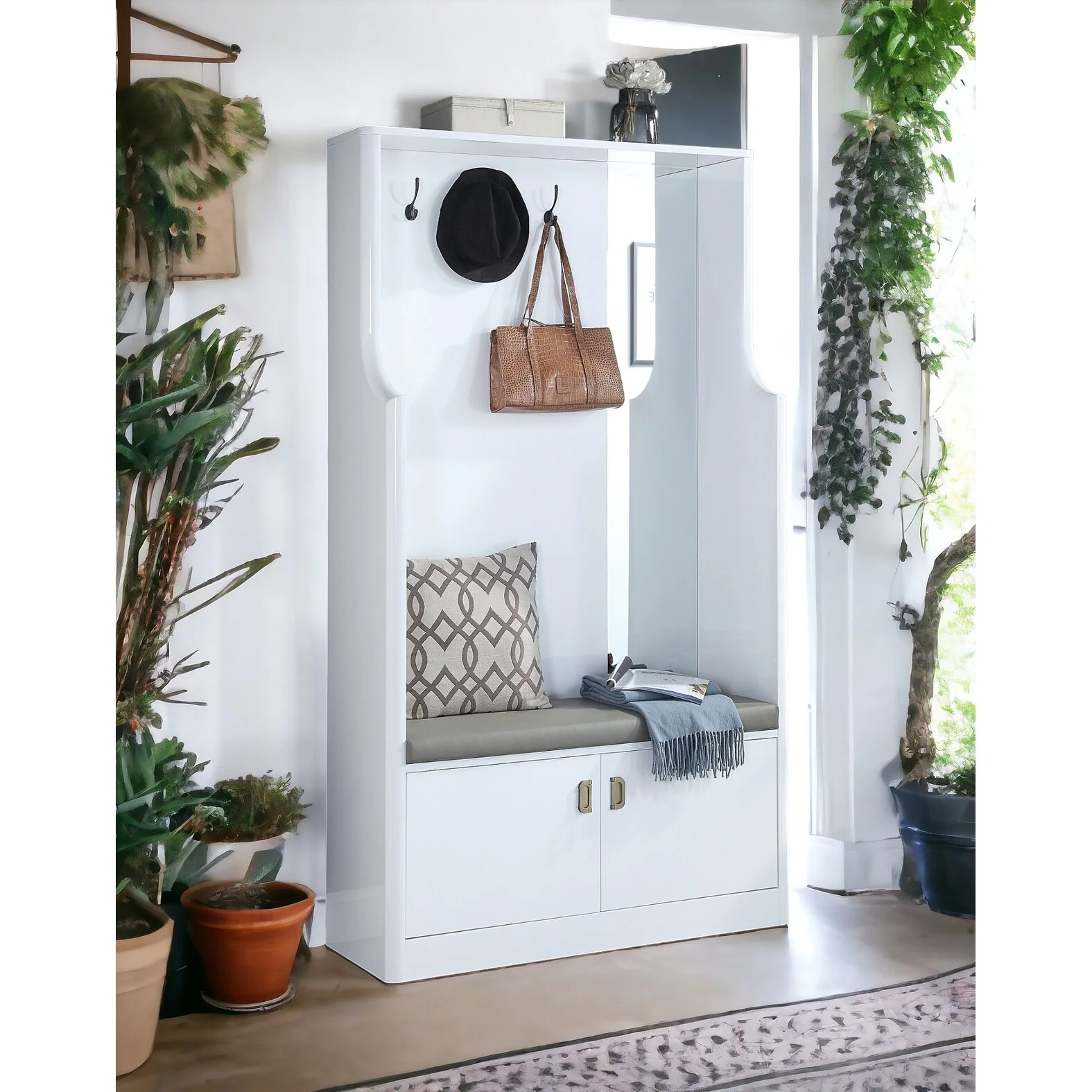 Contemporary White High Gloss Finish Hall Tree with 3 Hooks, Mirror, and Cushioned Seat - Entryway Organizer