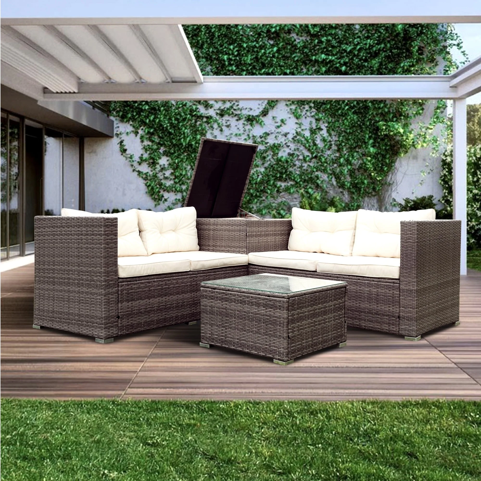Patio 4-piece Sectional Storage Wicker Furniture Sofa Set