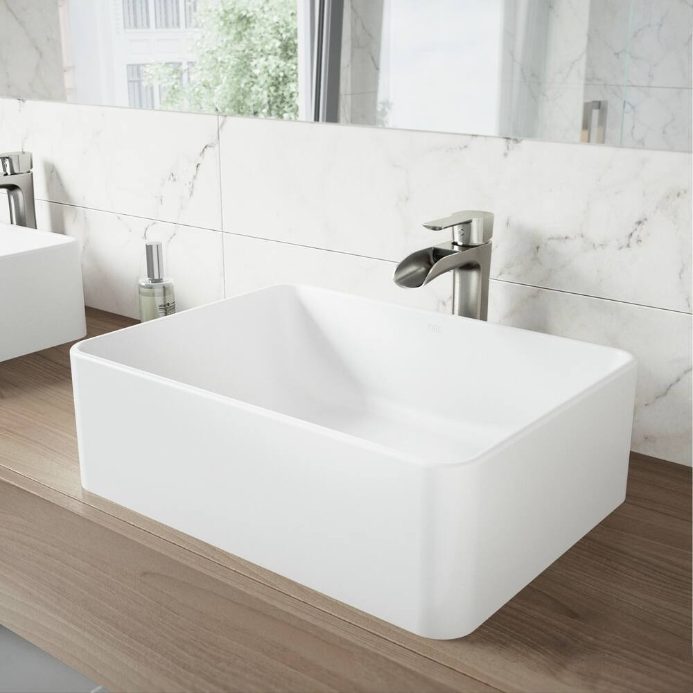 VIGO Amaryllis Matte Stone™ Rectangular Composite Vessel Bathroom Sink/Basin with Deep Bowl, White