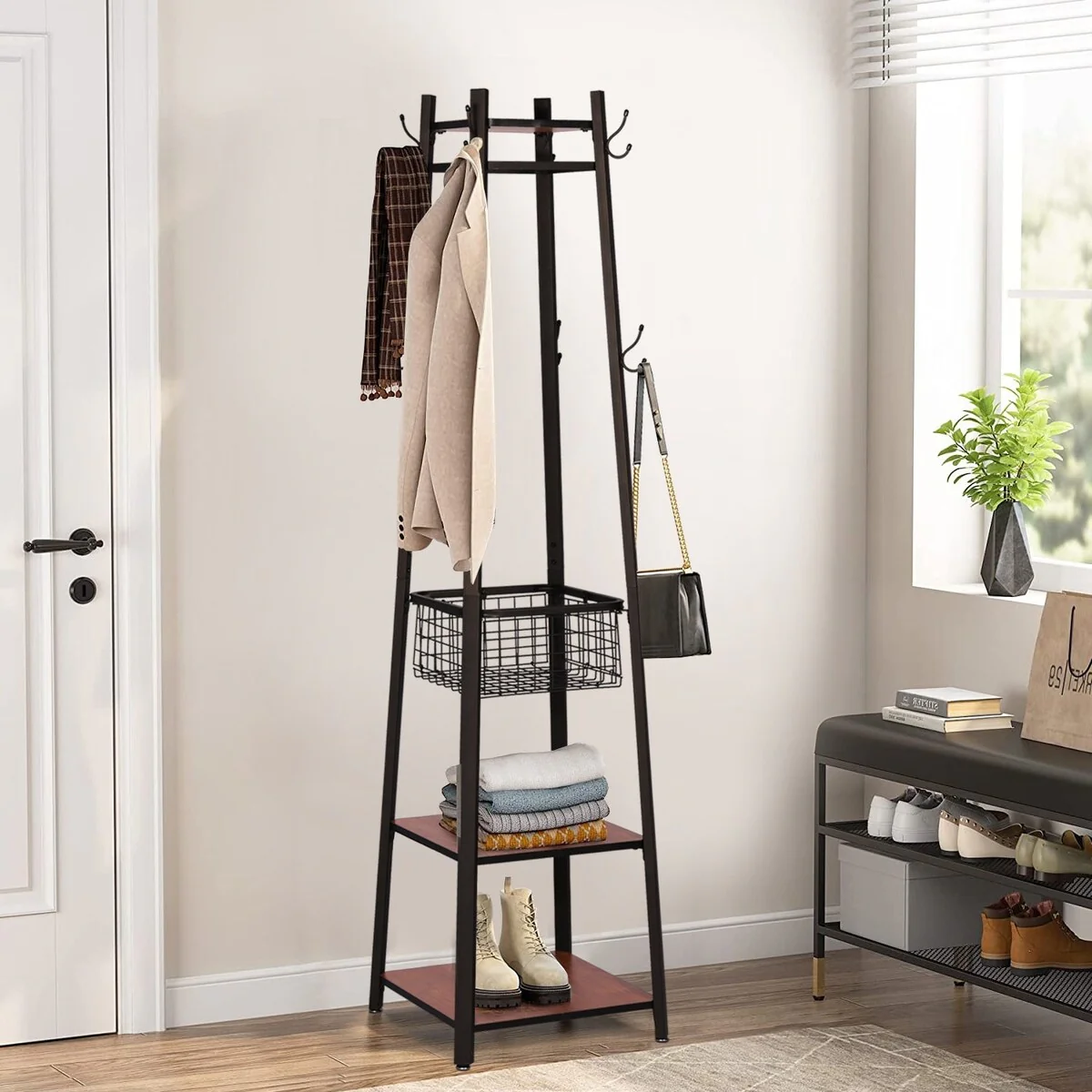 Javlergo Coat Rack with Deep Metal Basket, 2-tier Shelves & 8 Dual Hooks