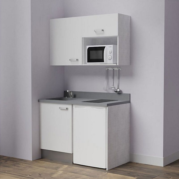 Kitchenette K07 - 120 cm - façades Blanc - Plan monobloc en quartz coloris Cromo évier à gauche