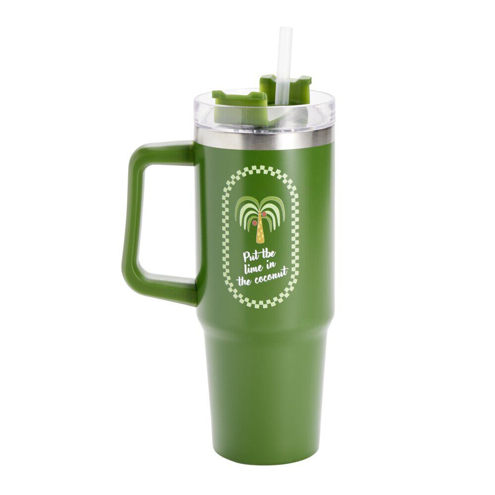 Gourde isotherme mug 900ml inox et plastique motif tropical avec paille (2 modèles)