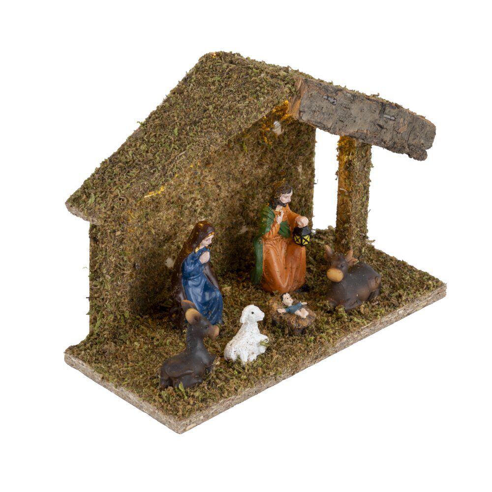 Crèche de No&euml;l en bois et mousse avec personnages et lumière H13cm