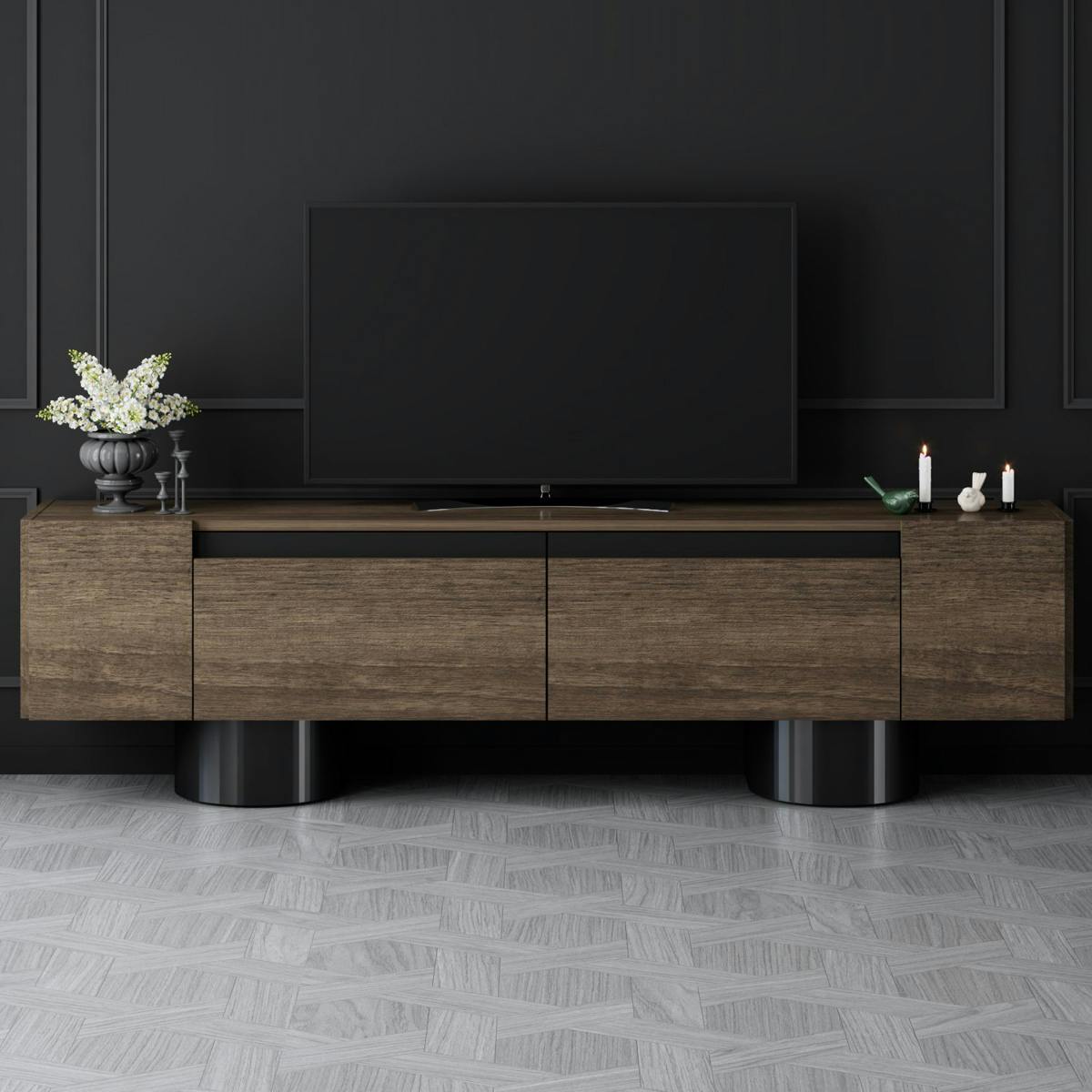 Meuble TV design effet noyer pieds cylindres noirs JENA