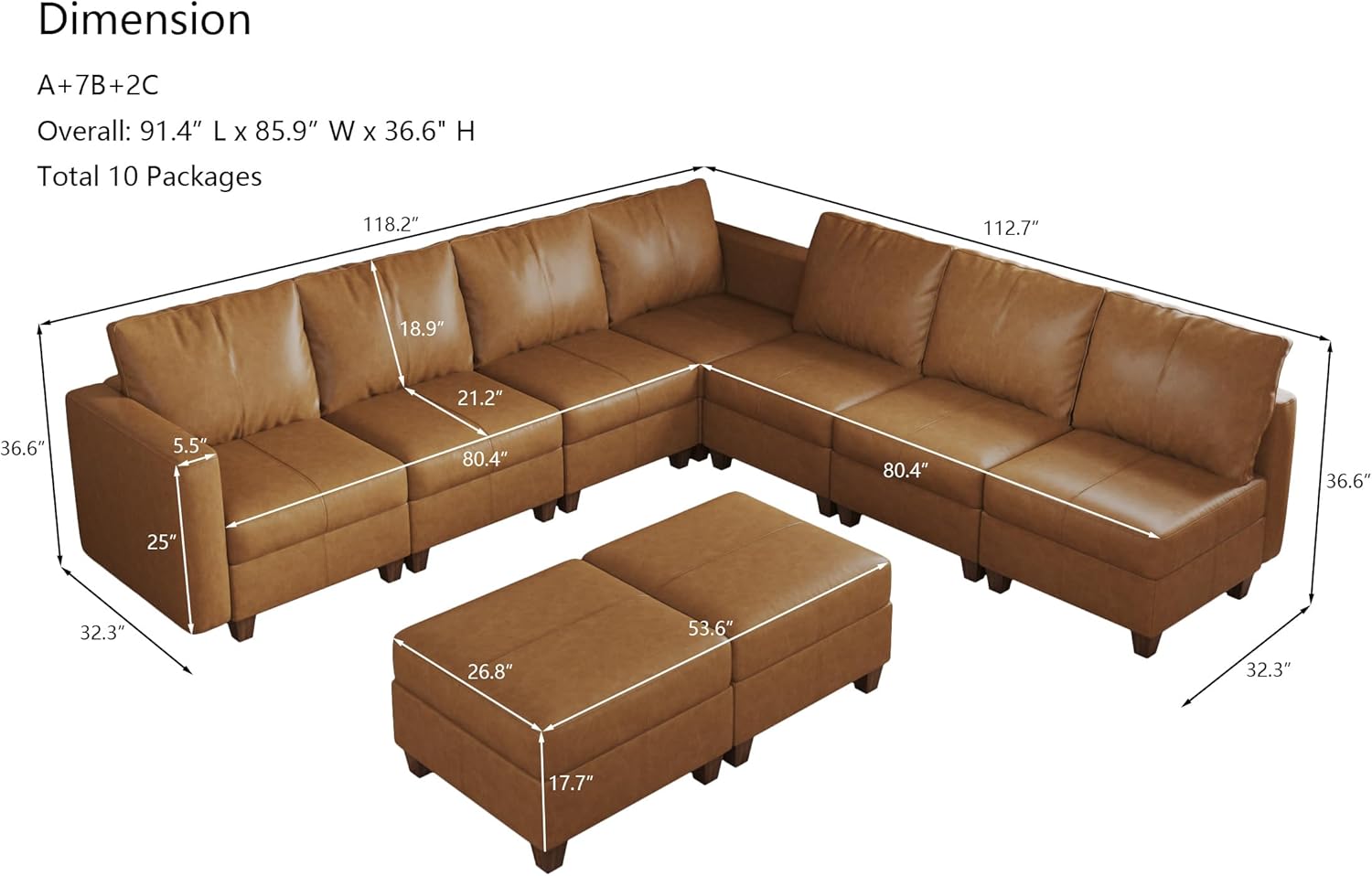 EASE MOOSE Modular Sectional Couch with Storage, Faux Leather Sectional Modular Sofa Sectional Sofa for Living Room，Brown
