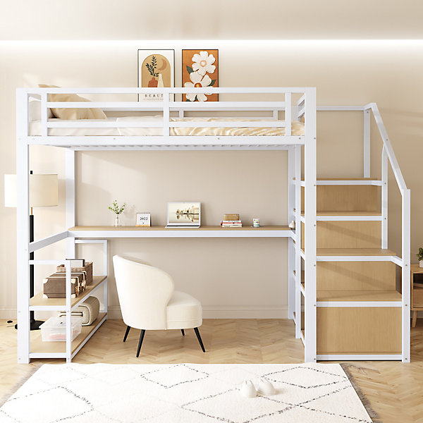 Lit Mezzanine 140x200 cm avec Bureau et Rangement, Métal MDF, Blanc - Sans Matelas