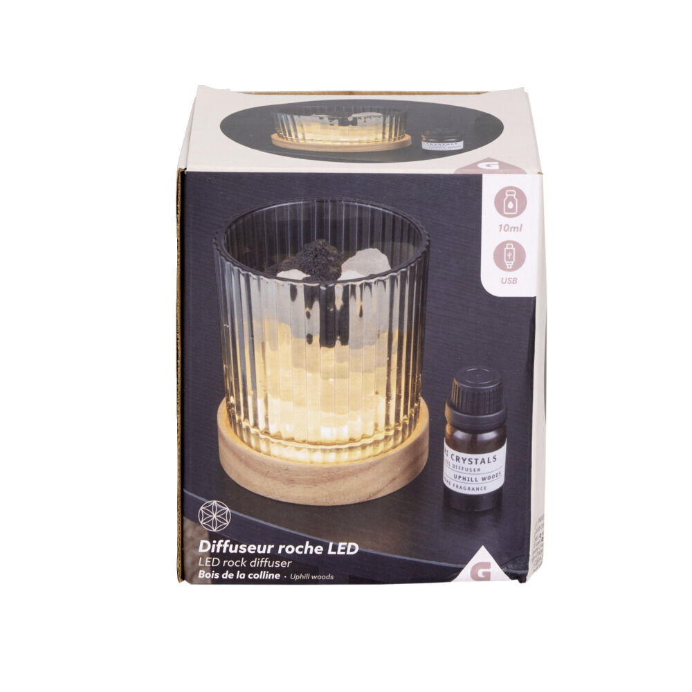 Diffuseur roche LED base bois avec 1 huile essentielle - 2 modèles