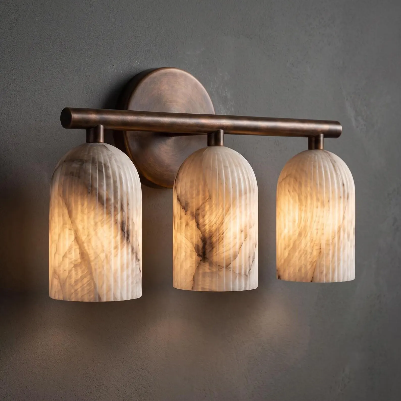 Triple Alabaster Vanity Light, Modern Brass Bathroom Wall Sconce, Fluted Marble Shade, Mid Century Bathroom Lighting Fixture