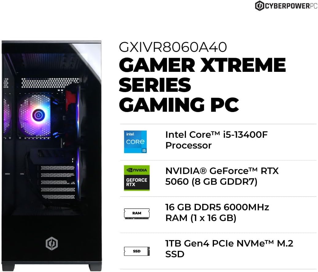 CyberPowerPC Gamer Xtreme VR Gaming PC  Intel Core i5-13400F 2.5GHz  GeForce RTX 5060 8GB  16GB DDR5  1TB PCIe 4.0 SSD  WiFi Ready & Windows 11 Home (GXiVR8060A40)