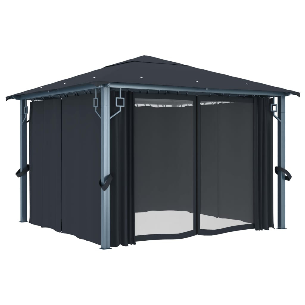 Altana Ogrodowa z Zasłonami Oświetlenie LED Pergola Ogrodowa Antracyt 3x3