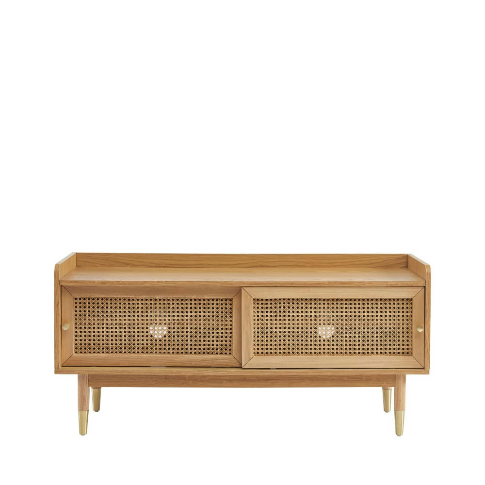 BOMBONG - Meuble TV 2 portes coulissantes en bois et cannage 120cm bois clair