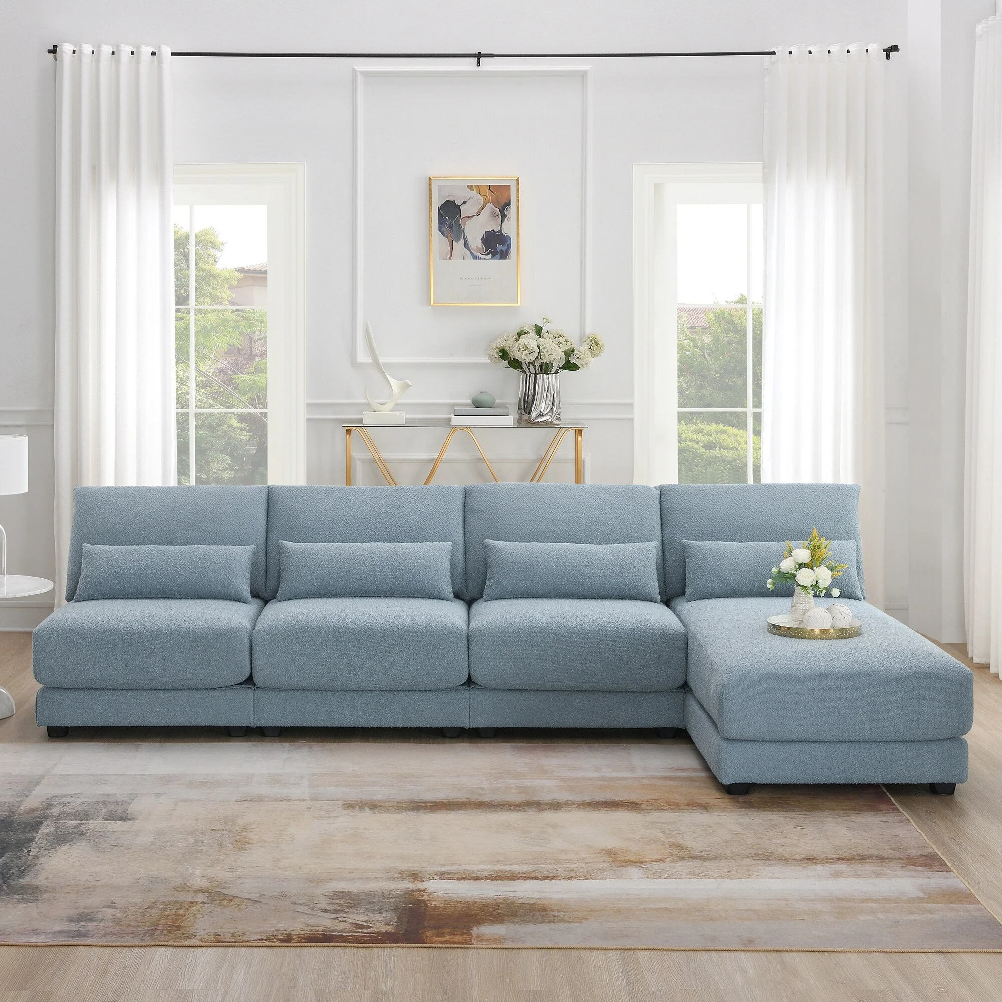 120 L-Shaped 4-Seat Sectional Sofa with Reversible Chaise and 4 Waist Pillows, Space-Saving Armless Design