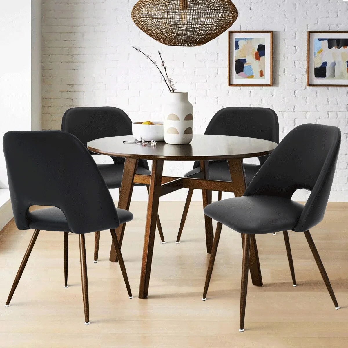 Faux Leather Modern Cutout Back Dining Chair with Walnut Leg（Set of 4)