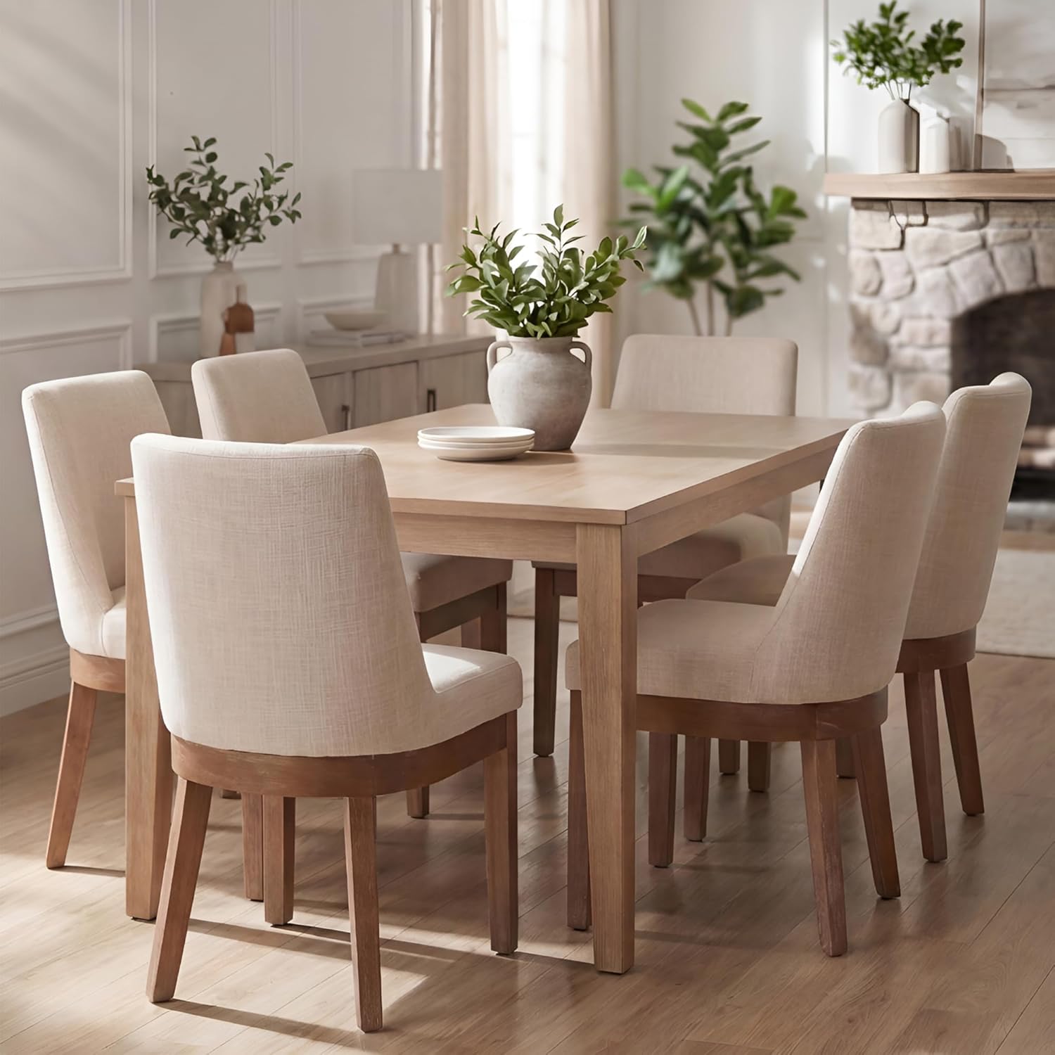 HNY Modern Dining Chairs Set of 6 with Comfortable Back Support, Farmhouse Soft Linen Upholstered Kitchen Dining Room Chairs with Solid Wood Legs, Armless Accent Side Chairs for Living Room, Beige