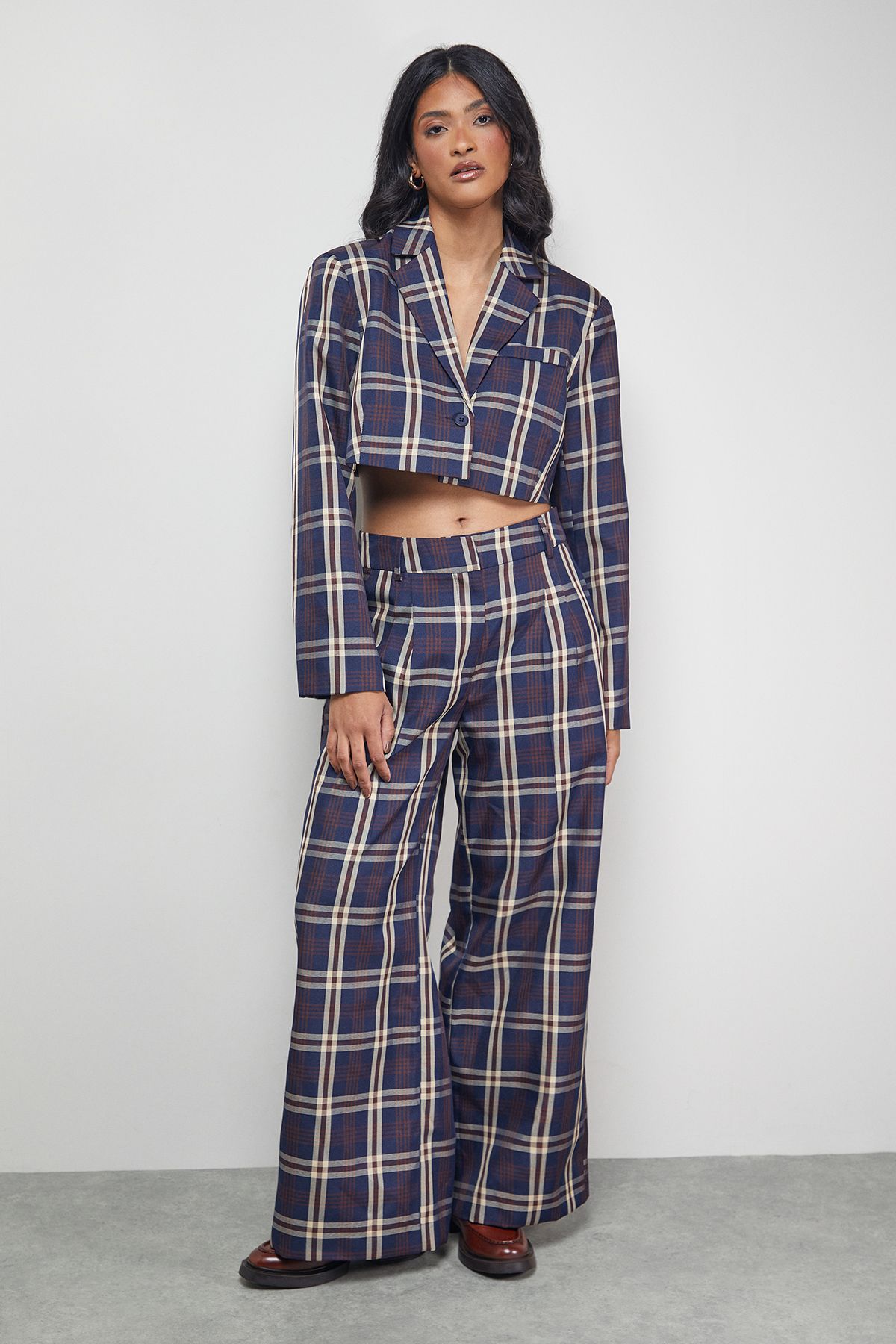 Warehouse Navy Check Cropped Blazer Co-ord