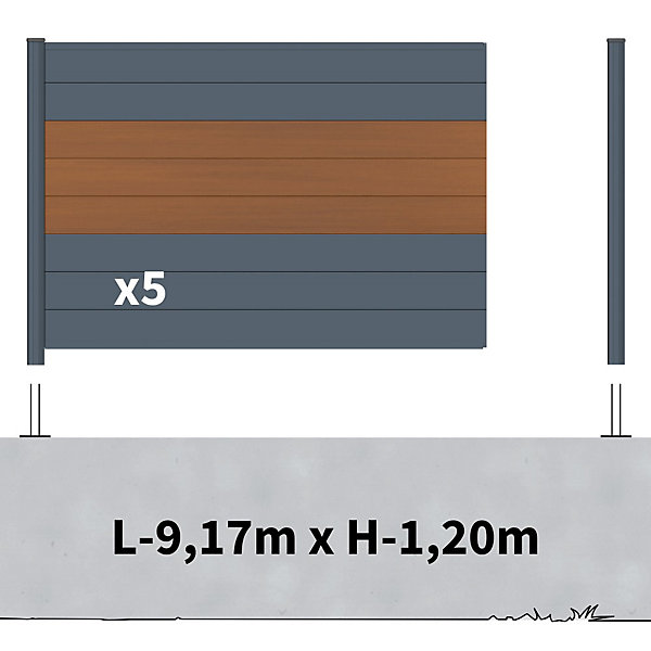 Kit Clôture Aluminium BAHIA &CRUZ Teck 9,20x1,2m - Bois Composite &Aluminium - Poteaux Gris - Brise Vue - Palissade